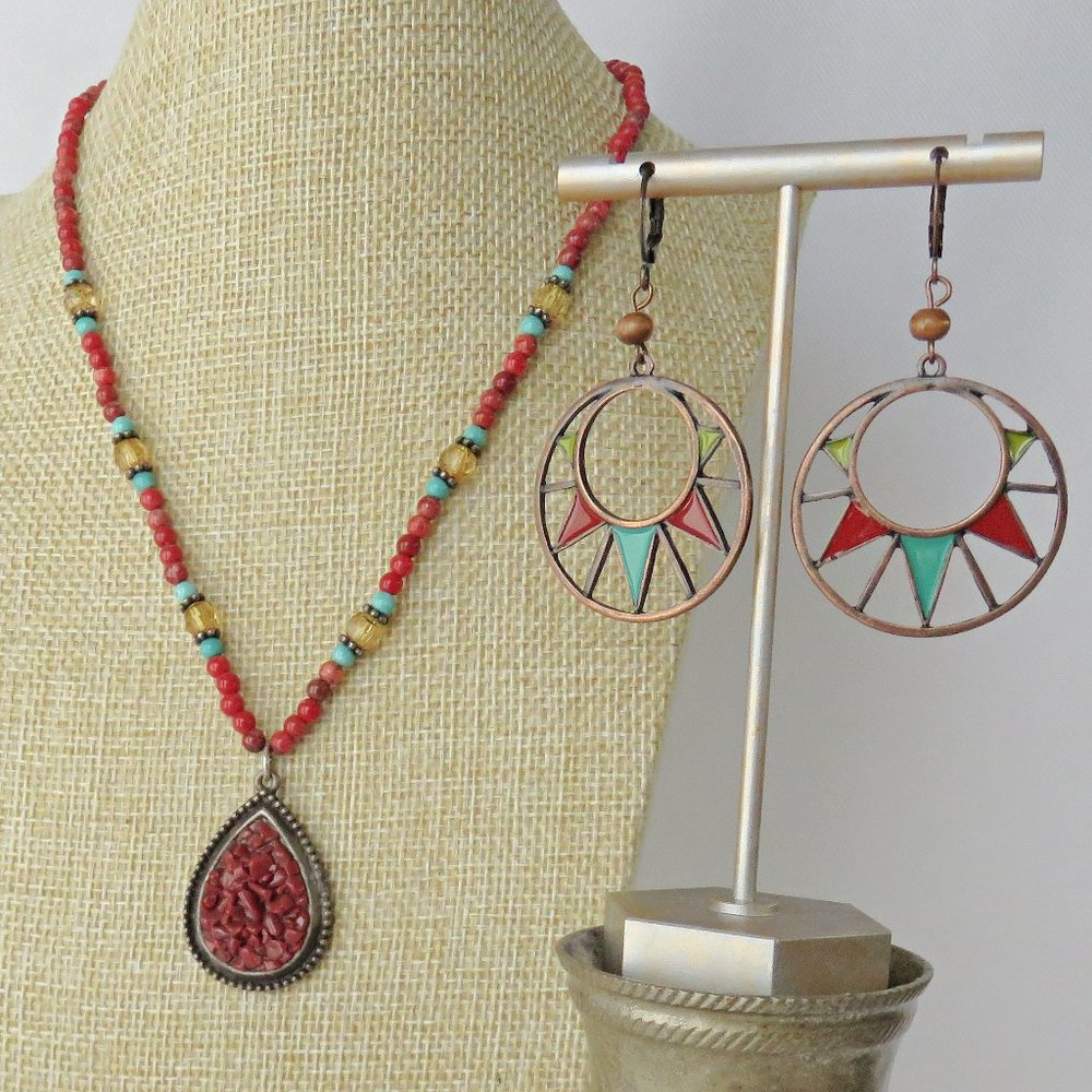 Red Coral and Turqouise color Necklace and Earring Set Southwest Jewelry...726